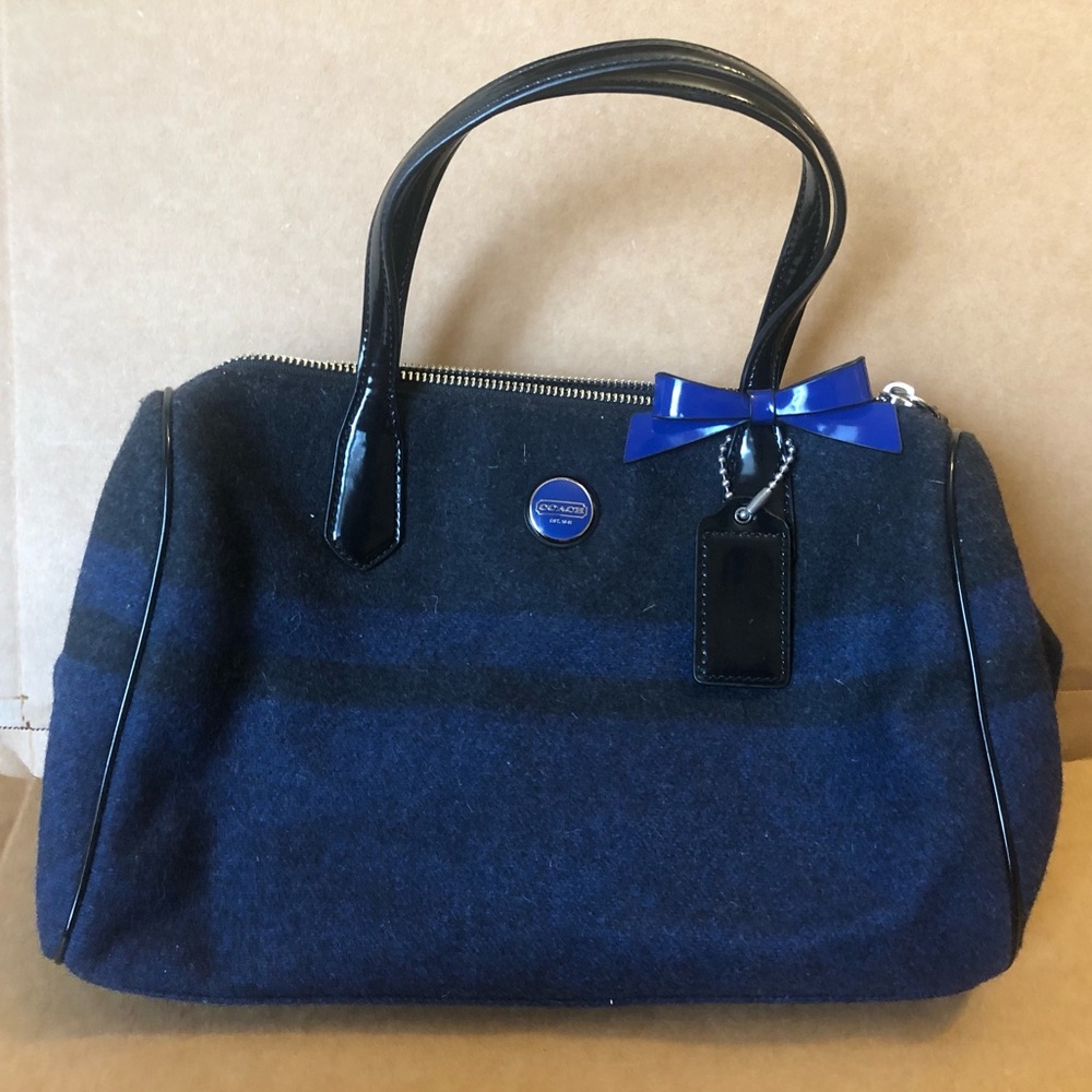 Coach Fabric Handbag Blue with Black Leather